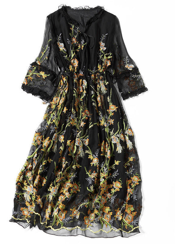 Stylish Black Print Hollow Out Silk Maxi Dresses Summer