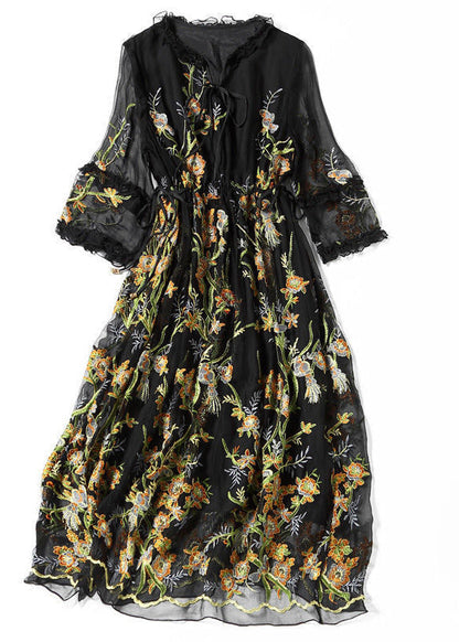 Stylish Black Print Hollow Out Silk Maxi Dresses Summer