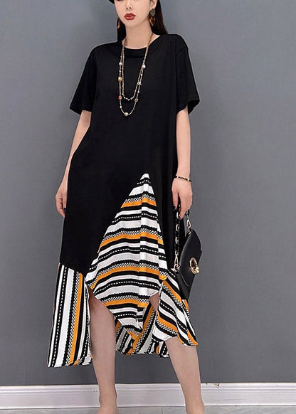 Stylish Black O-neck Asymmetrical Chiffon Patchwork Long Dress Short Sleeve