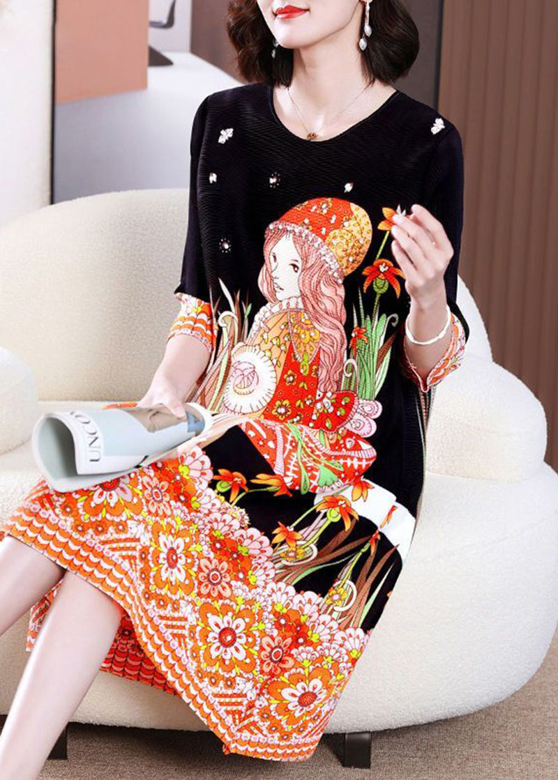 Stylish Black O-neck Character Print Wrinkled Mid Dress Bracelet Sleeve