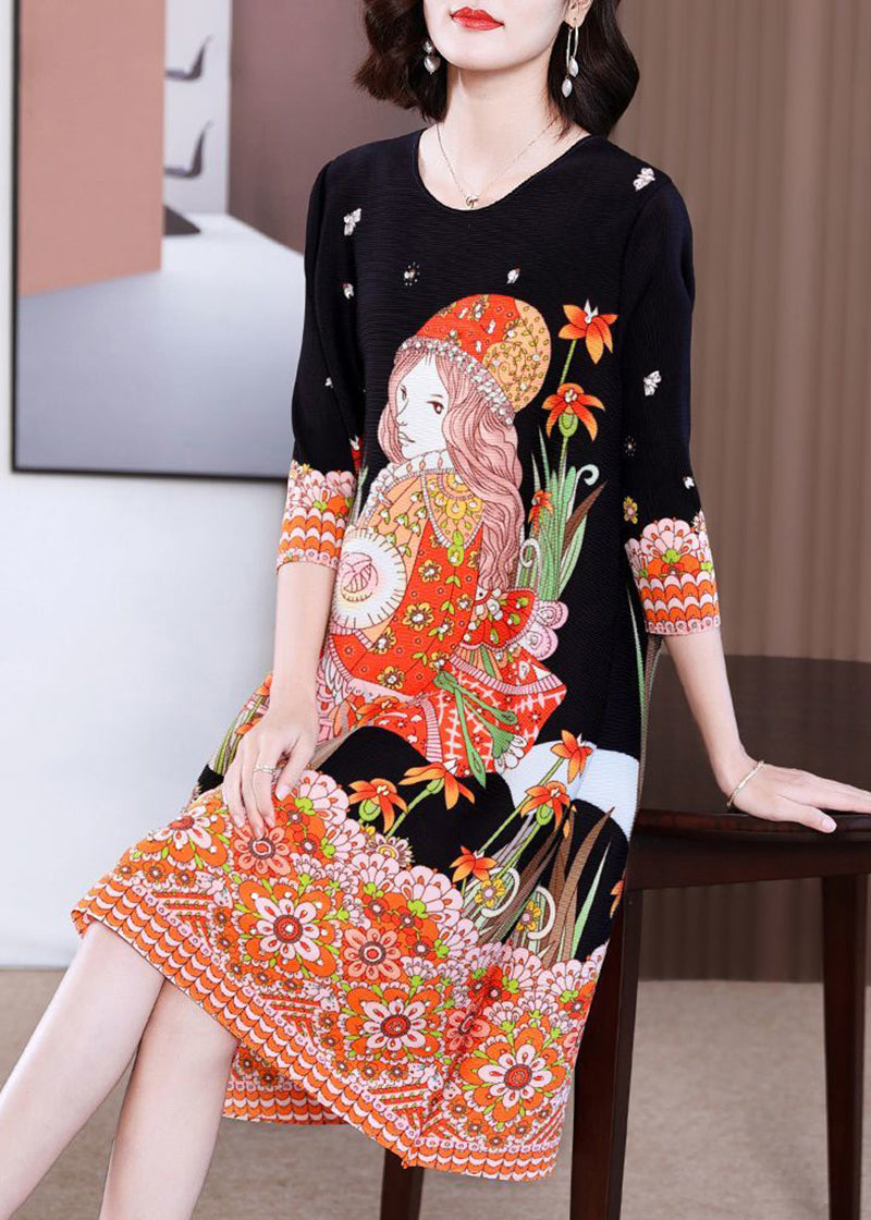 Stylish Black O-neck Character Print Wrinkled Mid Dress Bracelet Sleeve