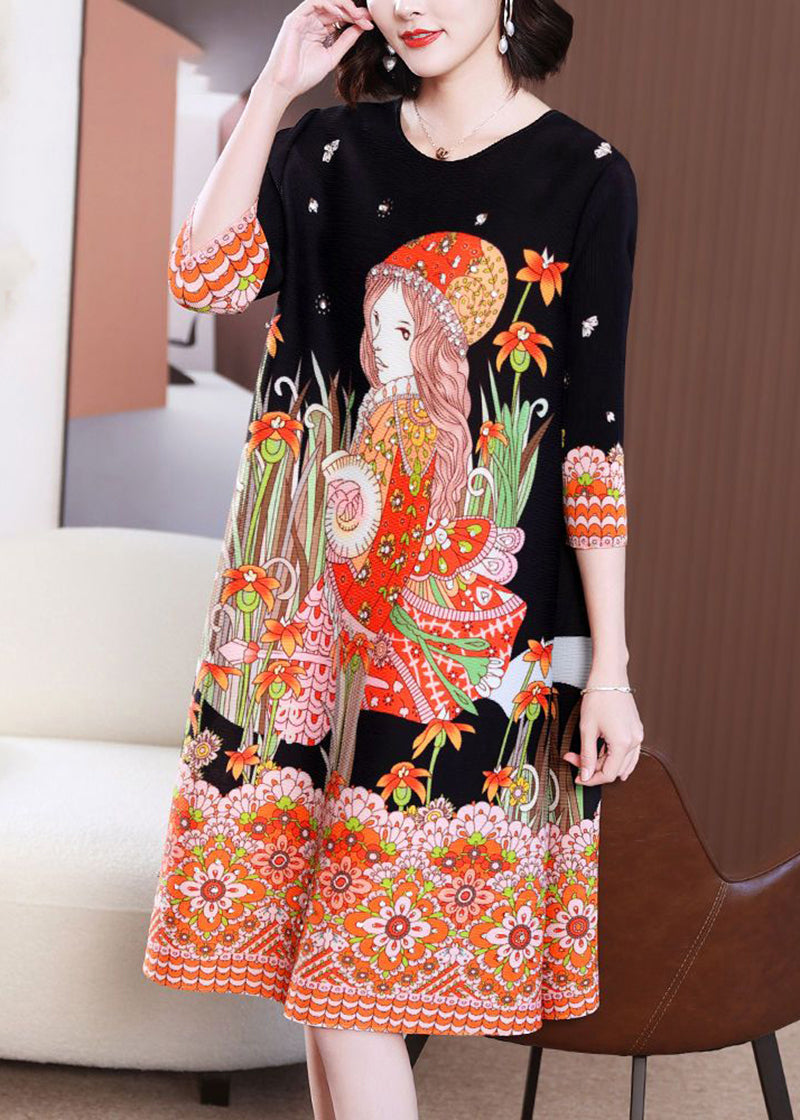 Stylish Black O-neck Character Print Wrinkled Mid Dress Bracelet Sleeve