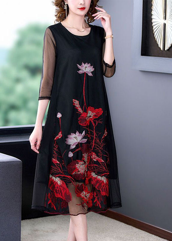 Stylish Black O-neck Embroideried Tulle a Line Dress Bracelet Sleeve