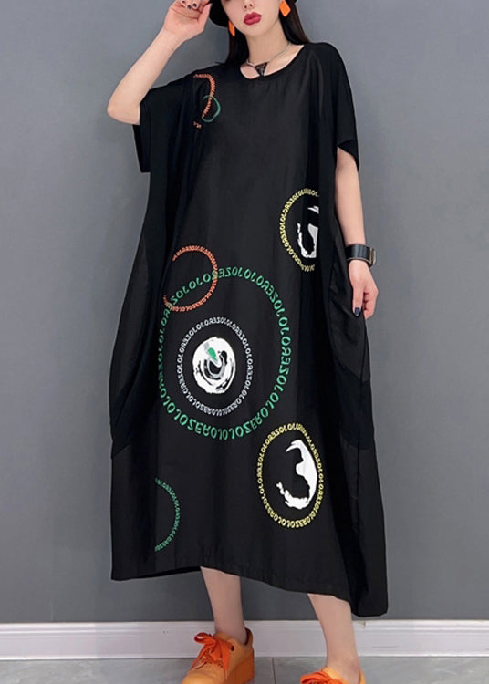 Stylish Black O-neck Patchwork Print Vacation Long Dresses Short Sleeve