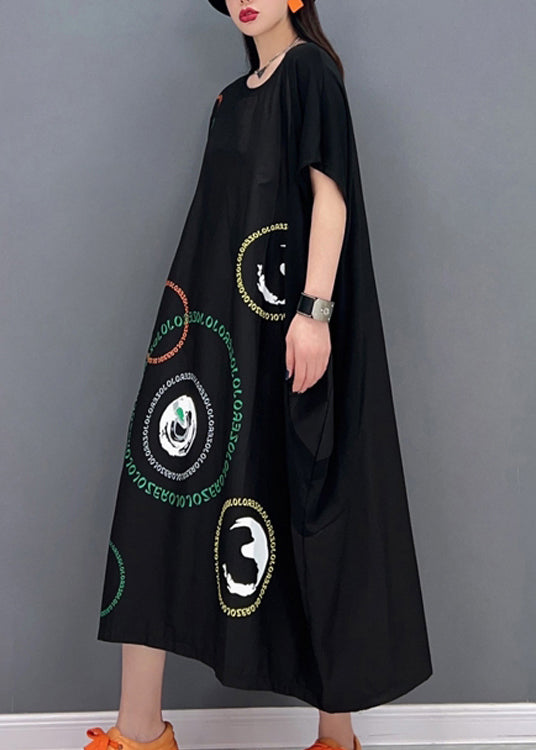 Stylish Black O-neck Patchwork Print Vacation Long Dresses Short Sleeve