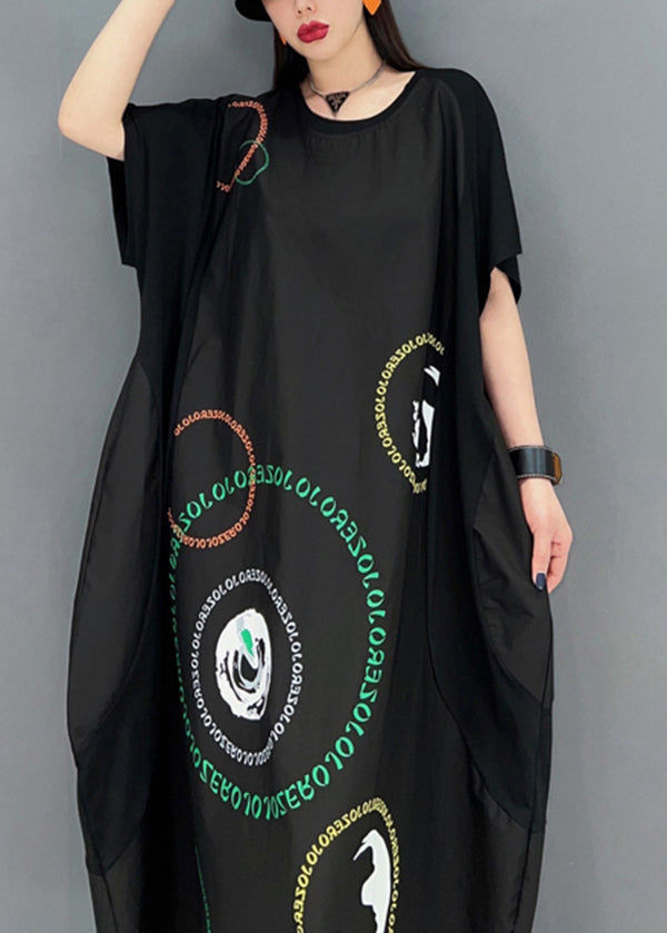 Stylish Black O-neck Patchwork Print Vacation Long Dresses Short Sleeve