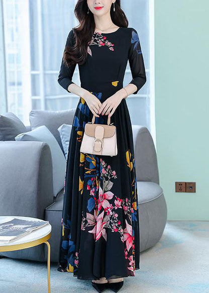 Stylish Black O-neck Print Exra Large Hem Chiffon Dresses Half Sleeve