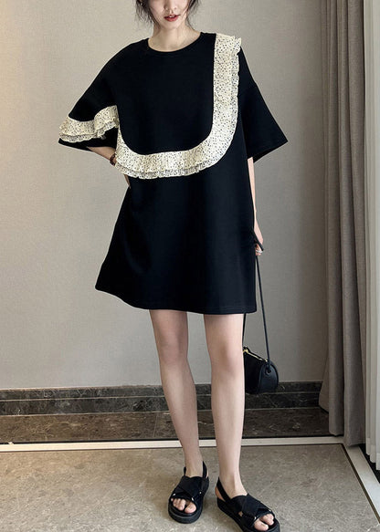 Stylish Black O-neck Ruffled Patchwork Mid Dresses Short Sleeve