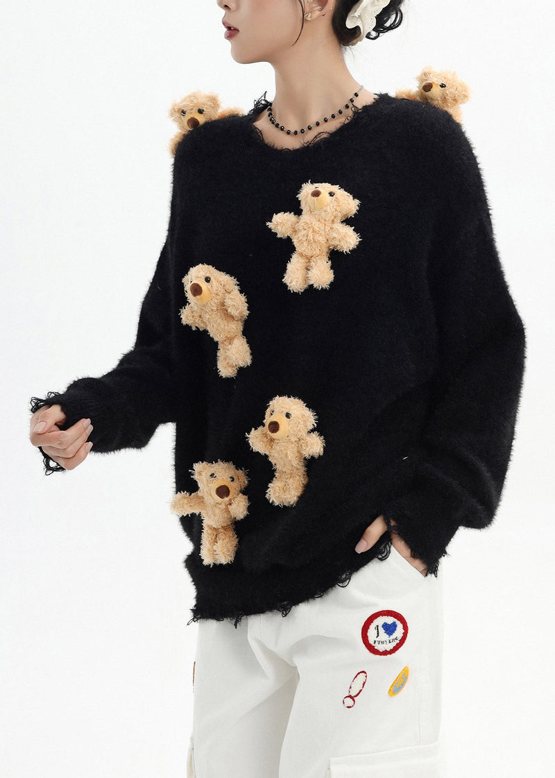 Stylish Black Oversized Bear Ripped Knitted Tops Winter