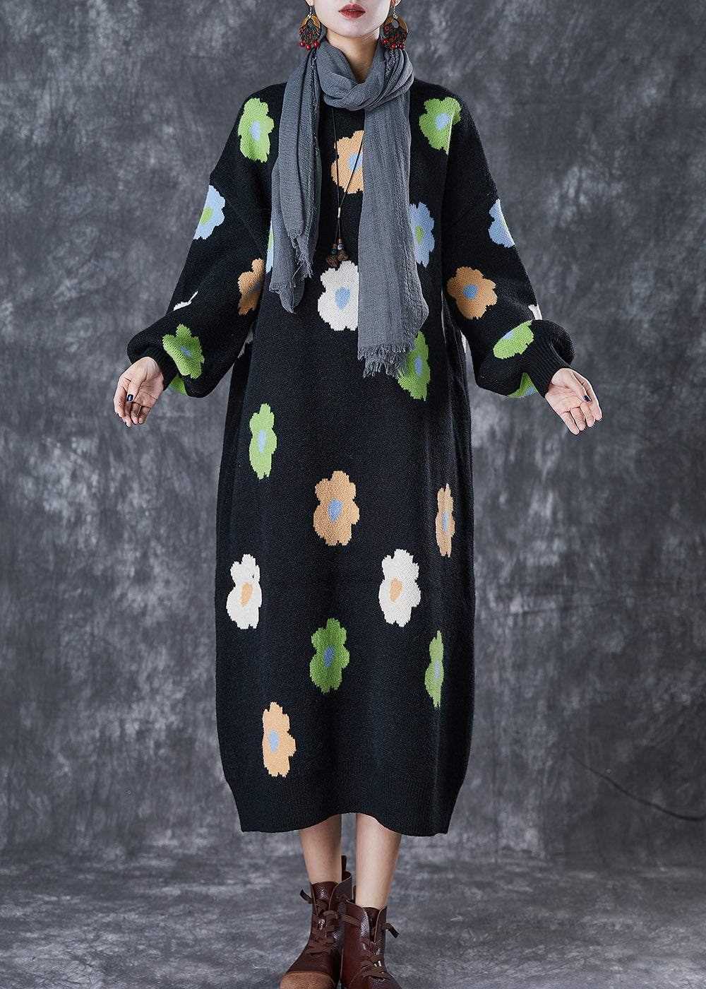 Stylish Black Oversized Knit Long Dress Fall