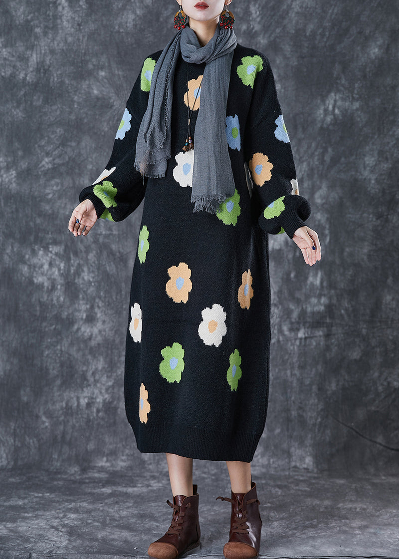 Stylish Black Oversized Knit Long Dress Fall