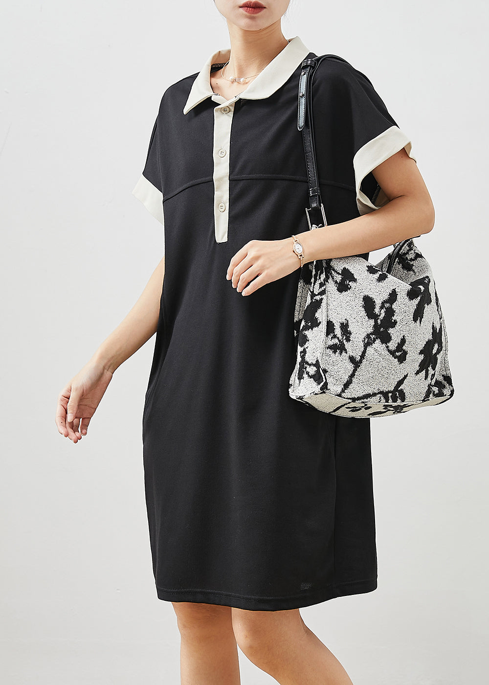 Stylish Black Oversized Pockets Cotton Pullover Dress Summer