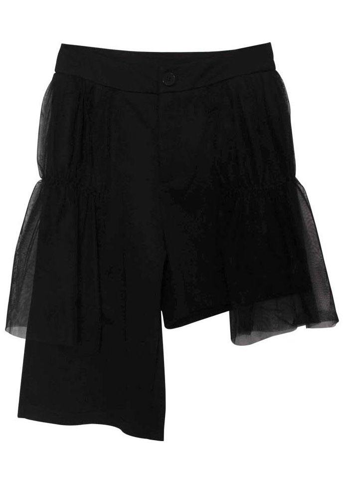 Stylish Black Patchworktulle Asymmetrical Design Wide Leghot Pants Trousers