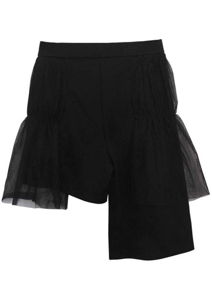 Stylish Black Patchworktulle Asymmetrical Design Wide Leghot Pants Trousers