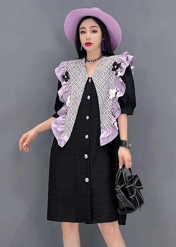 Stylish Black Peter Pan Collar Patchwork Ruffled Cotton Dresses Short Sleeve