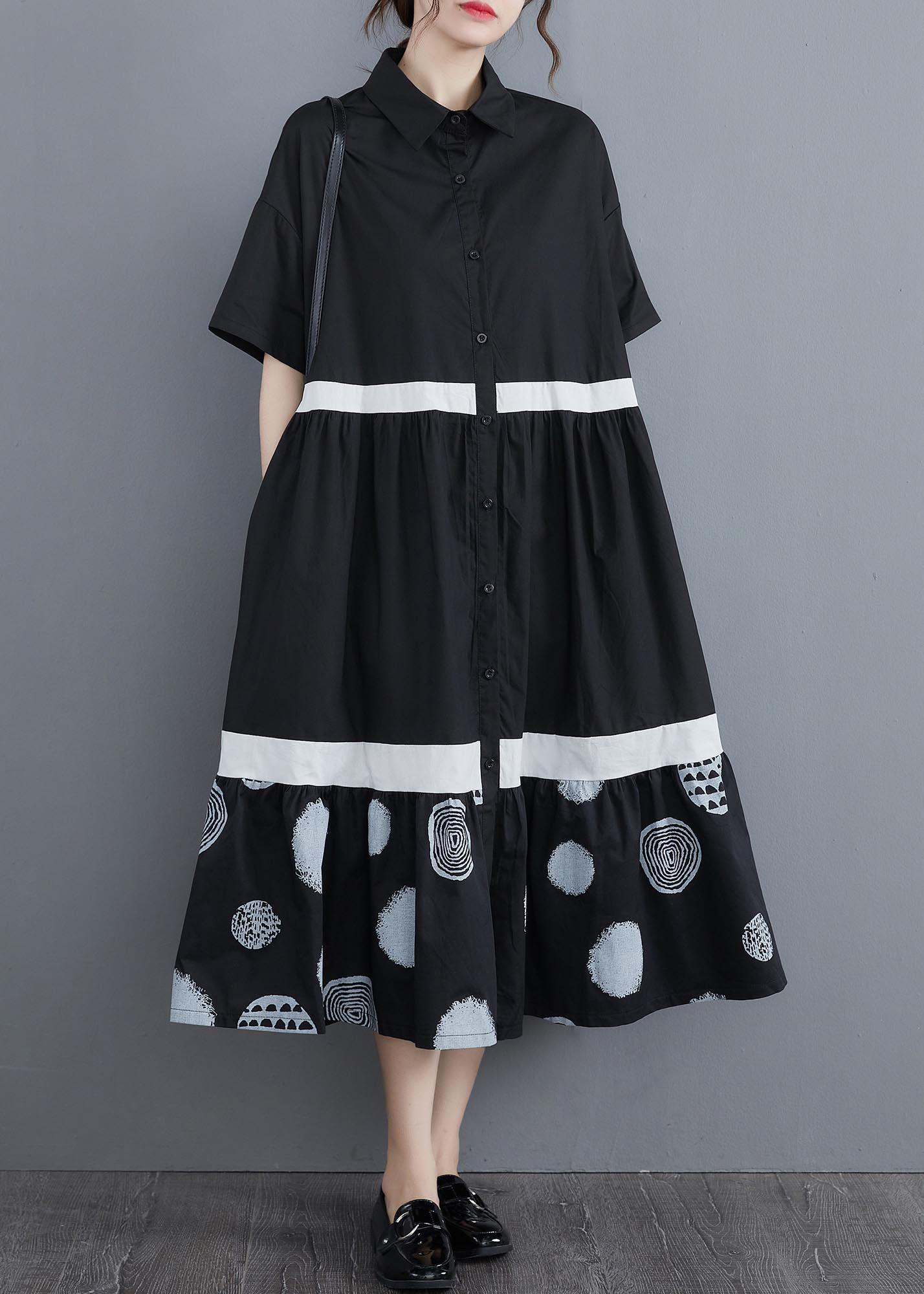 Stylish Black Print Cotton Patchwork a Line Summer Long Dress
