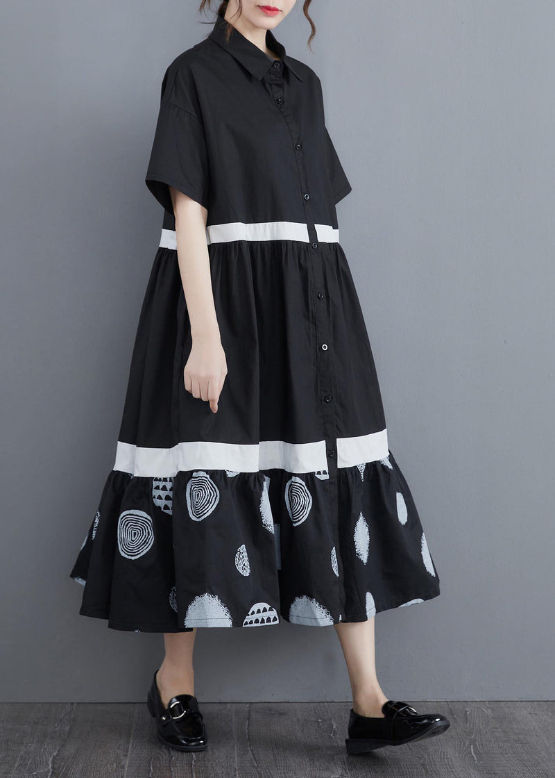 Stylish Black Print Cotton Patchwork a Line Summer Long Dress