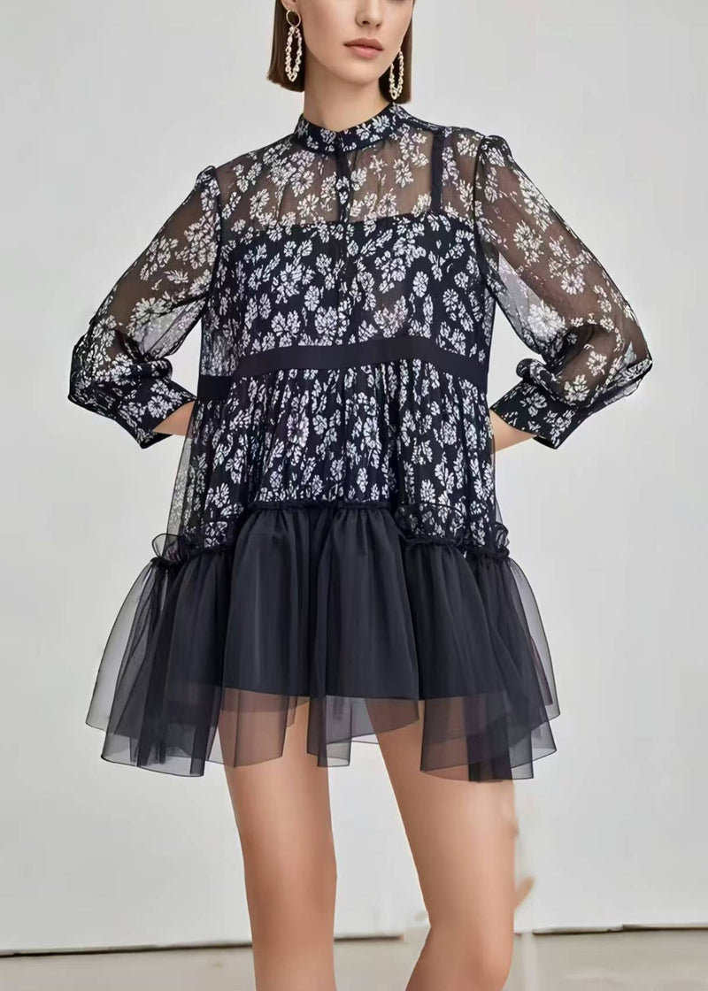 Stylish Black Print Patchwork Chiffon Mini Dress Summer