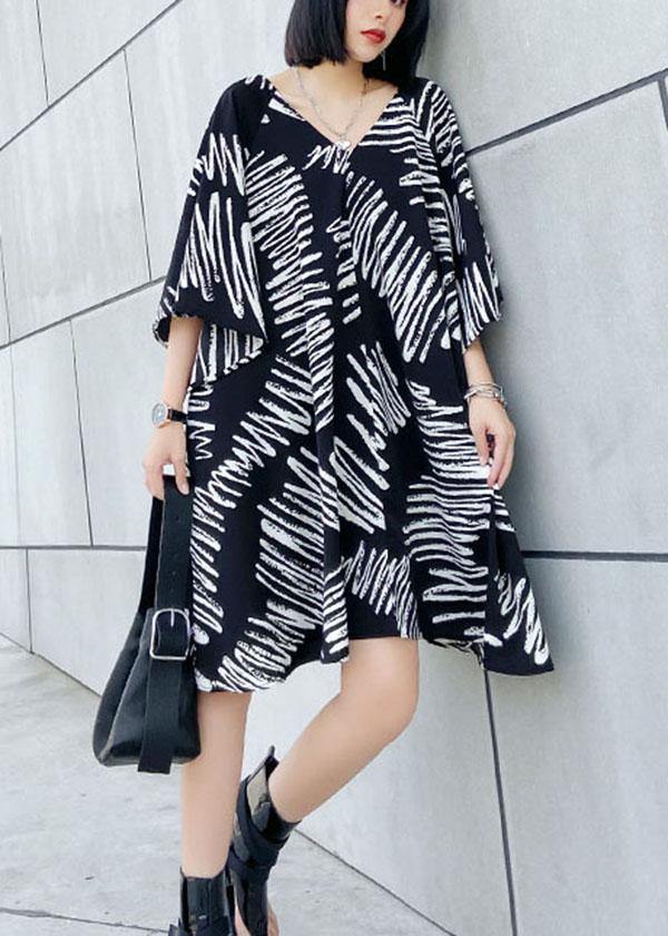 Stylish Black Print V Neck Summer Vacation Dress