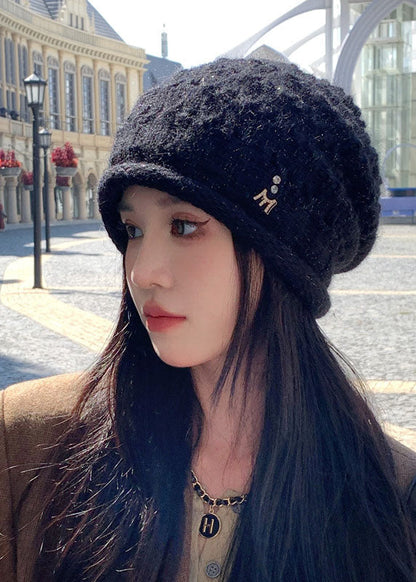 Stylish Black Rabbit Hair Knitted Cotton Bonnie Hat
