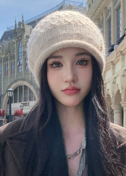 Stylish Black Rabbit Hair Knitted Cotton Bonnie Hat