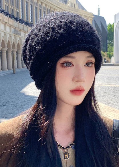 Stylish Black Rabbit Hair Knitted Cotton Bonnie Hat
