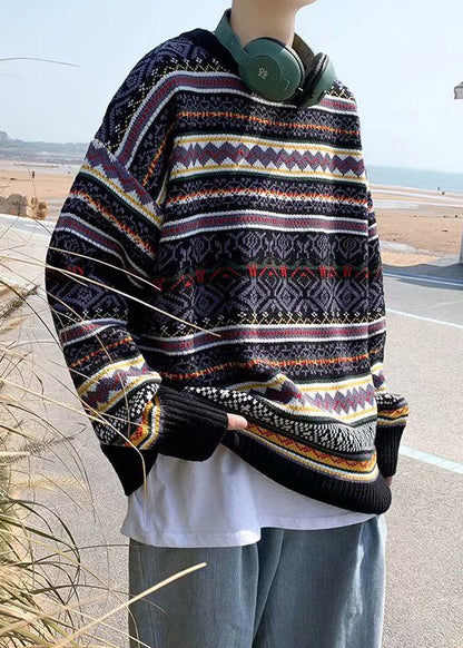 Stylish Black Striped Cozy Patchwork Knit Sweaters Spring