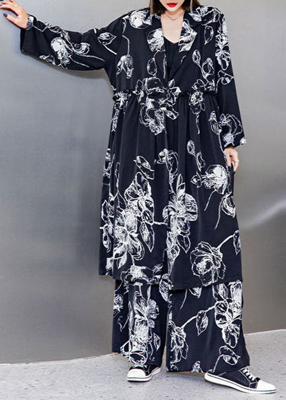 Stylish Black V Neck Cinched Print Silk Tops Wide Leg Pants Two Pieces Set Spring