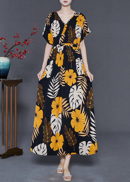 Stylish Black V Neck Print Silk Ankle Dress Summer