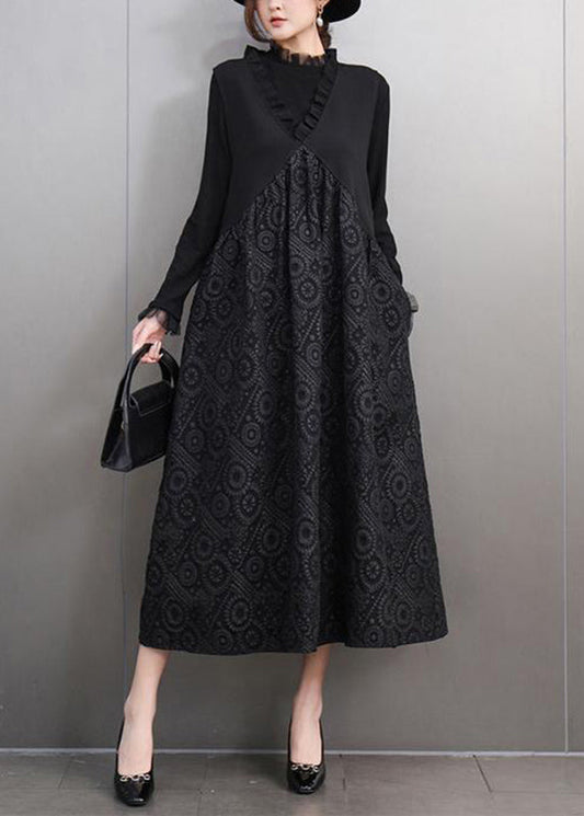 Stylish Black V Neck Print T Shirts and Long Dress Two Pieces Set Spring