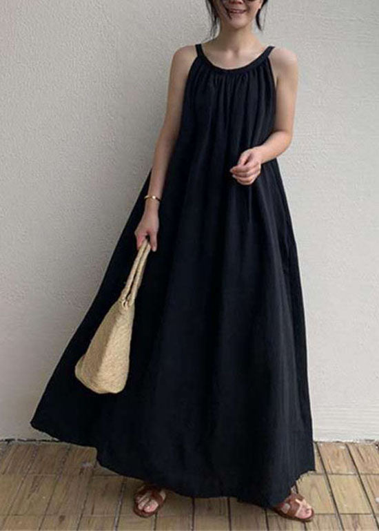 Stylish Black Wrinkled Linen Dress Sleeveless