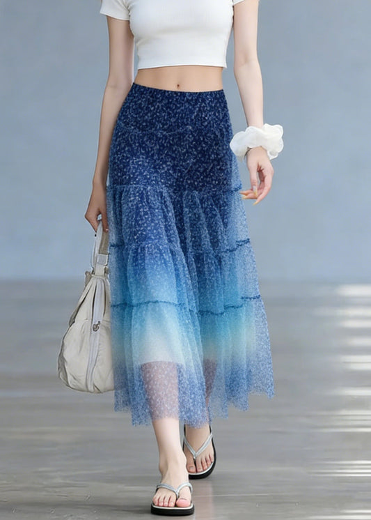 Stylish Blue Elastic Waist Patchwork Tulle Skirts Summer
