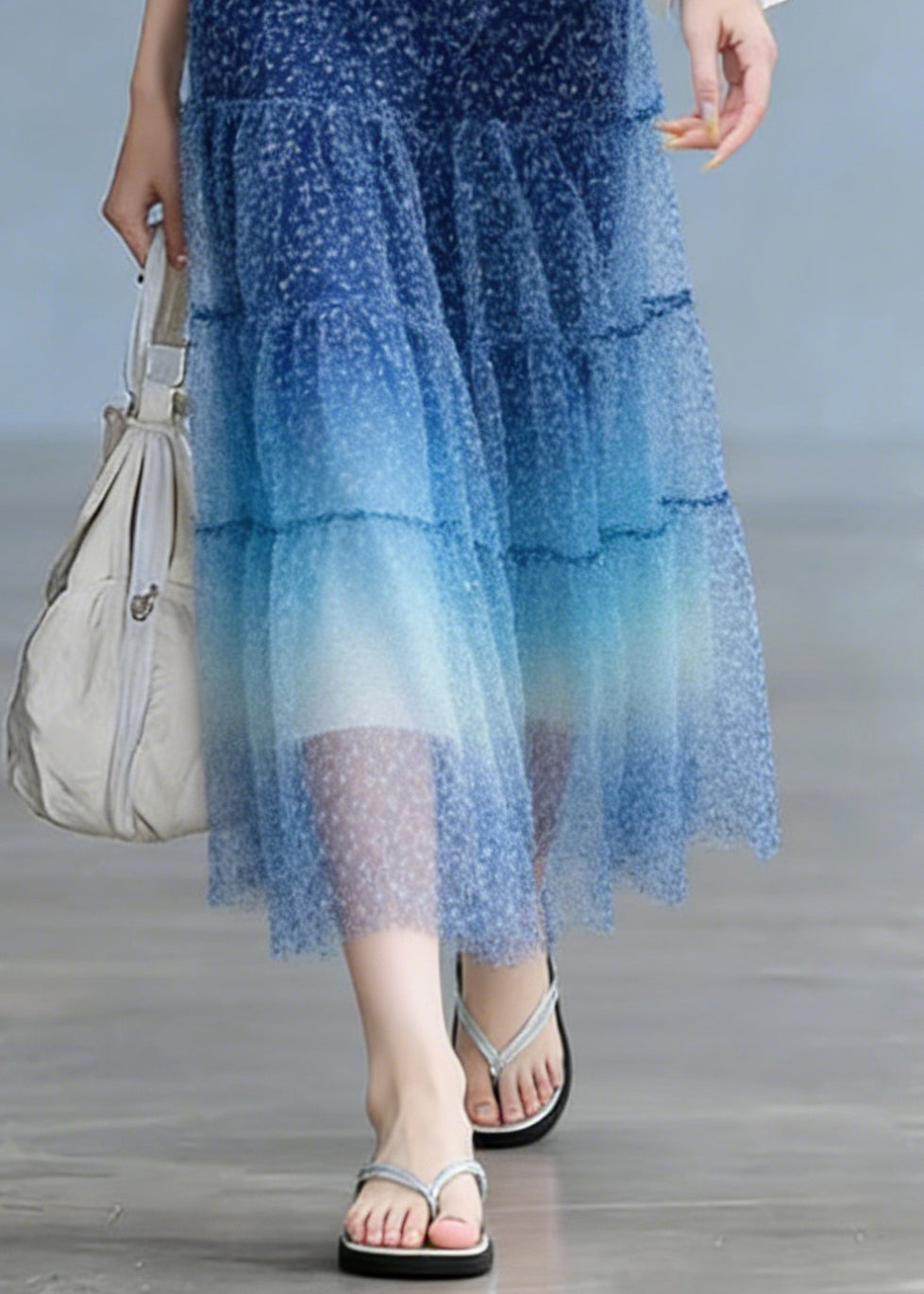 Stylish Blue Elastic Waist Patchwork Tulle Skirts Summer