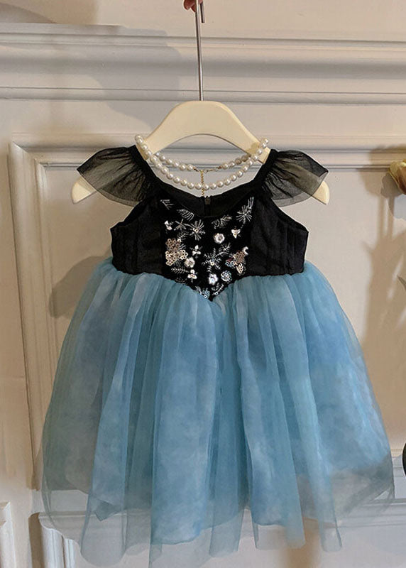 Stylish Blue Embroideried Wrinkled Patchwork Tulle Kids Dress Sleeveless