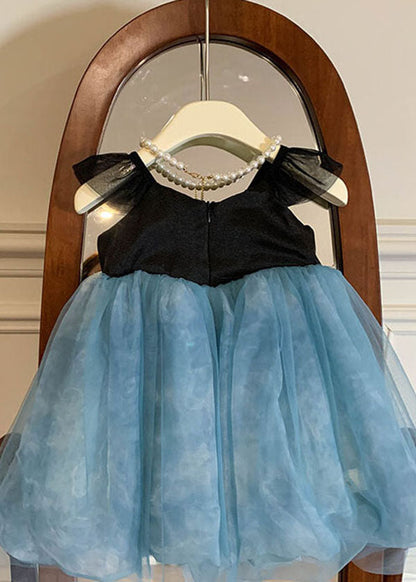 Stylish Blue Embroideried Wrinkled Patchwork Tulle Kids Dress Sleeveless