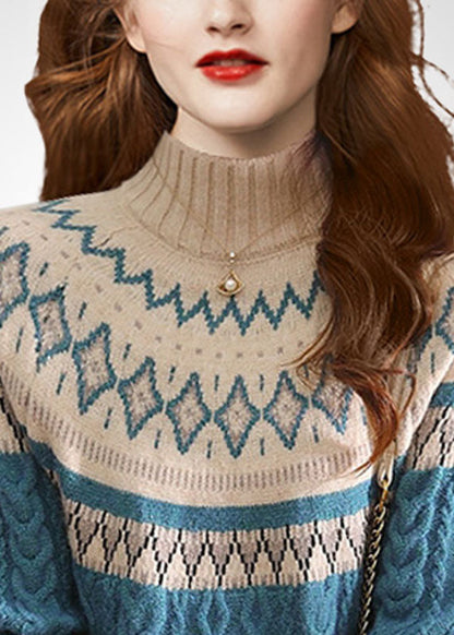 Stylish Blue High Neck Print Wool Cable Knit Sweaters Winter