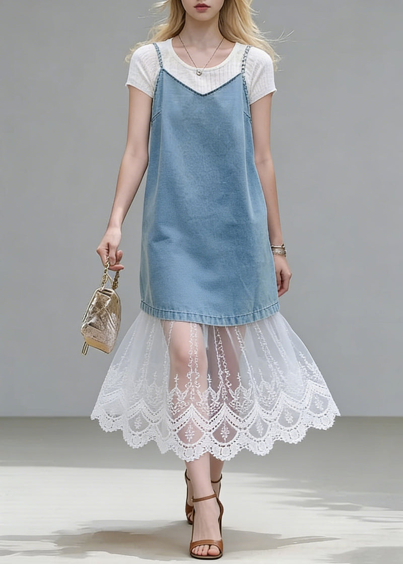 Stylish Blue Lace Patchwork Tops and Spaghetti Strap Dress Two Piece Set Summer