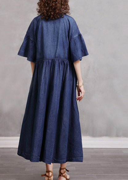 Stylish Blue O-neck Cinched Embroideried Cotton Denim Dresses Butterfly Sleeve