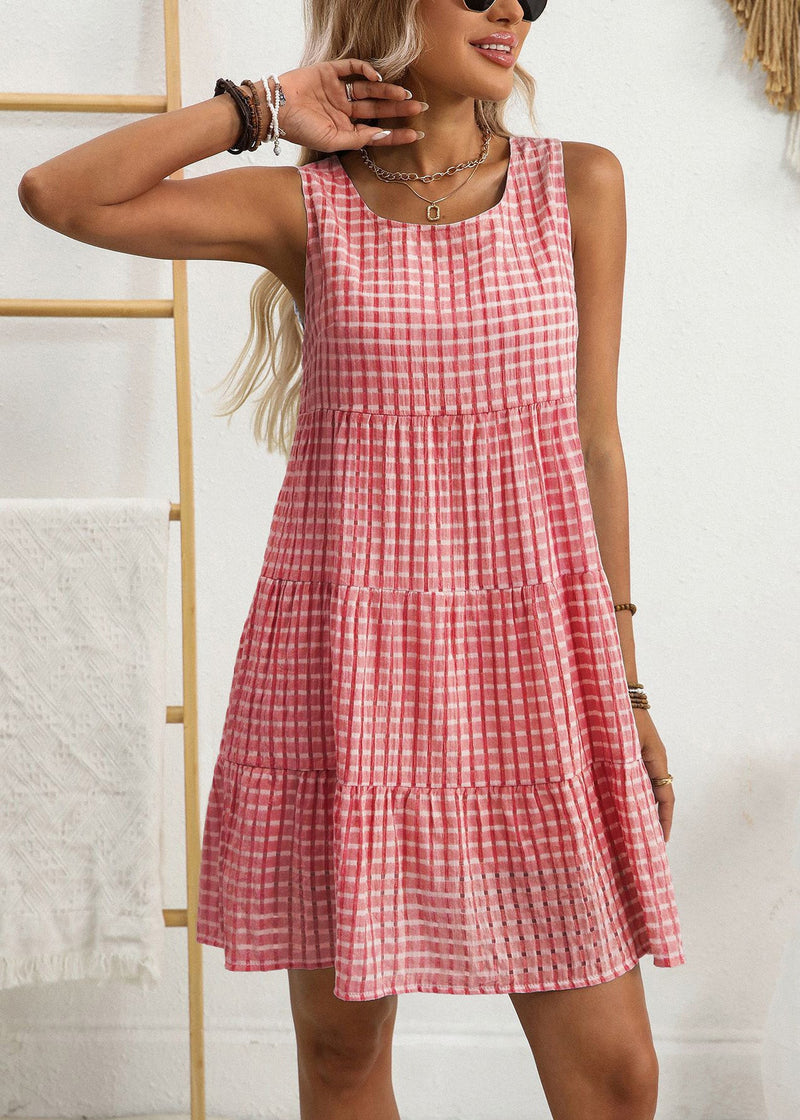 Stylish Blue O Neck Patchwork Cotton Mid Dress Sleeveless