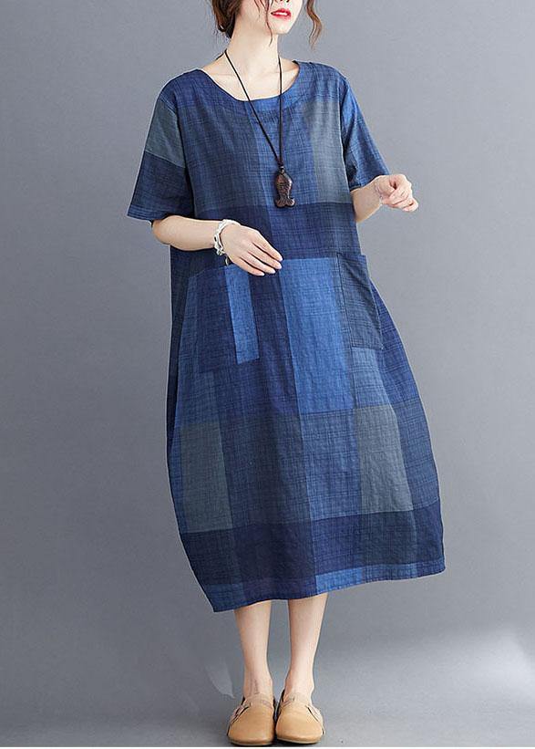 Stylish Orange Flower O Neck Plaid Maxi Dresses Cotton Linen Summer