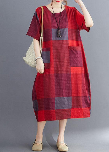 Stylish Blue Flower O Neck Plaid Maxi Dresses Cotton Linen Summer