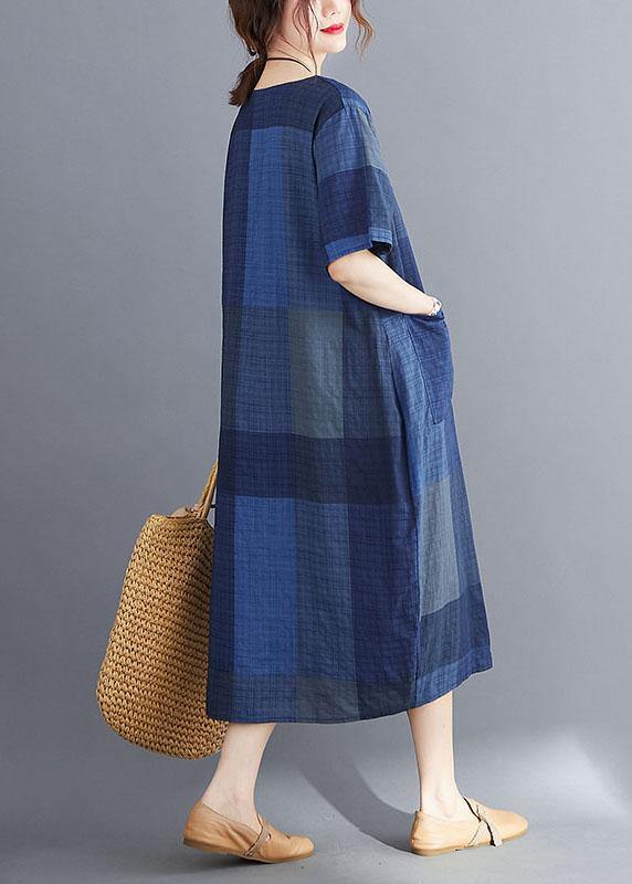 Stylish Orange Flower O Neck Plaid Maxi Dresses Cotton Linen Summer