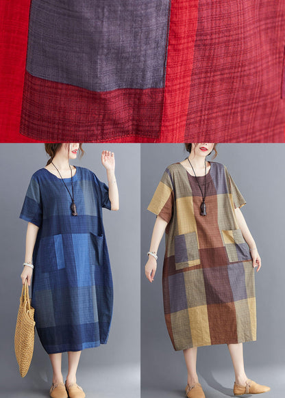 Stylish Orange Flower O Neck Plaid Maxi Dresses Cotton Linen Summer