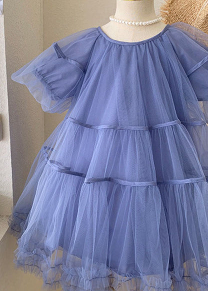 Stylish Blue O-neck Ruffled Patchwork Tulle Kids Dresses Summer