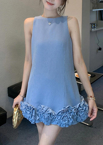 Stylish Blue O Neck Striped Cotton Mini Dresses Sleeveless