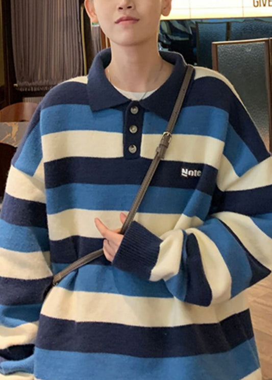 Stylish Blue Peter Pan Collar Thick Striped Sweater Tops Winter