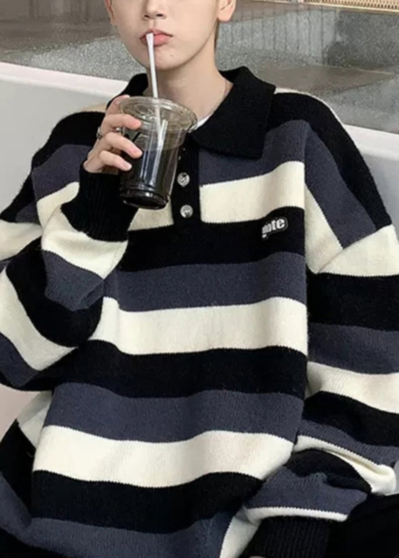 Stylish Blue Peter Pan Collar Thick Striped Sweater Tops Winter