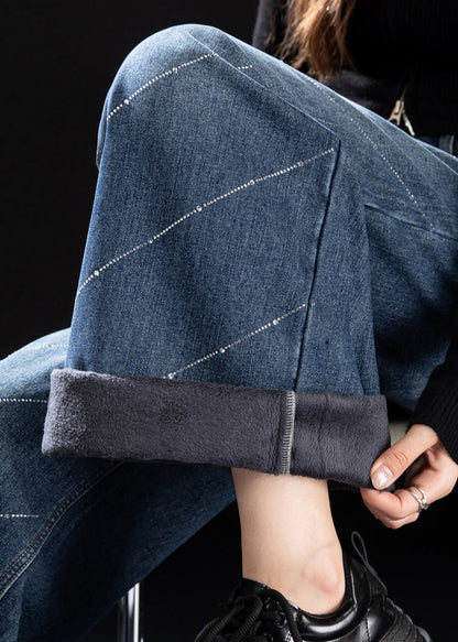 Stylish Blue Pockets Zircon Warm Fleece Denim Pants Winter