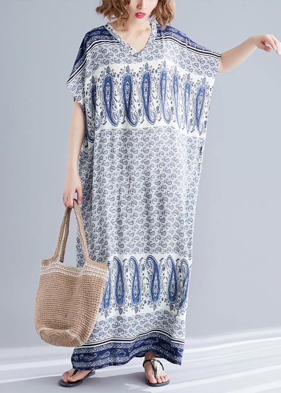 Stylish Blue Print Cotton V Neck Summer Dress