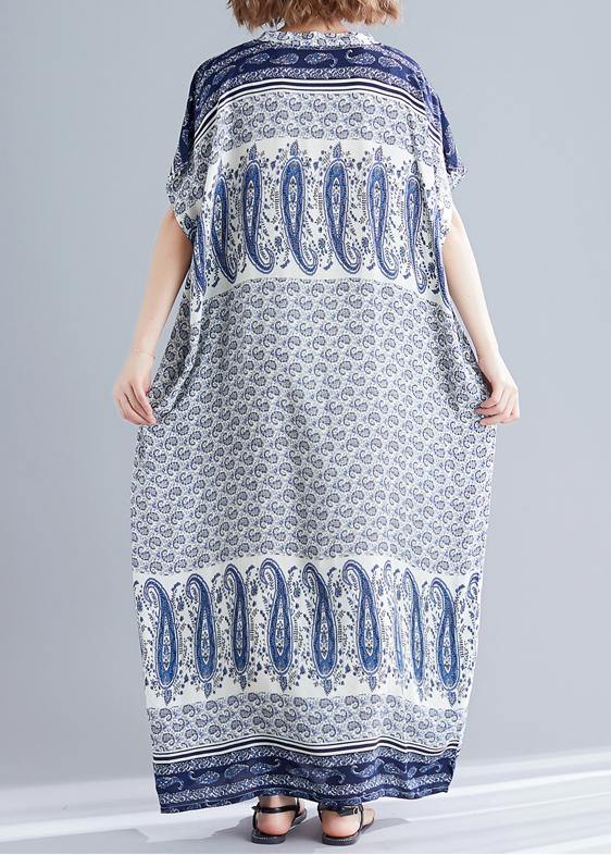 Stylish Blue Print Cotton V Neck Summer Dress